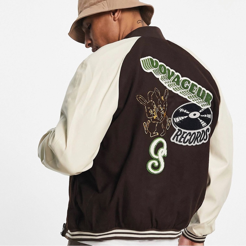 Faux Leather Varsity Jacket With Embroidery In Brown
